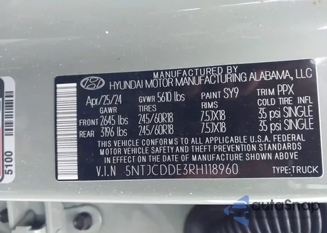 2024 Hyundai Santa Cruz Sel z USA, uszkodzony, nr VIN 5NTJCDDE3RH118960